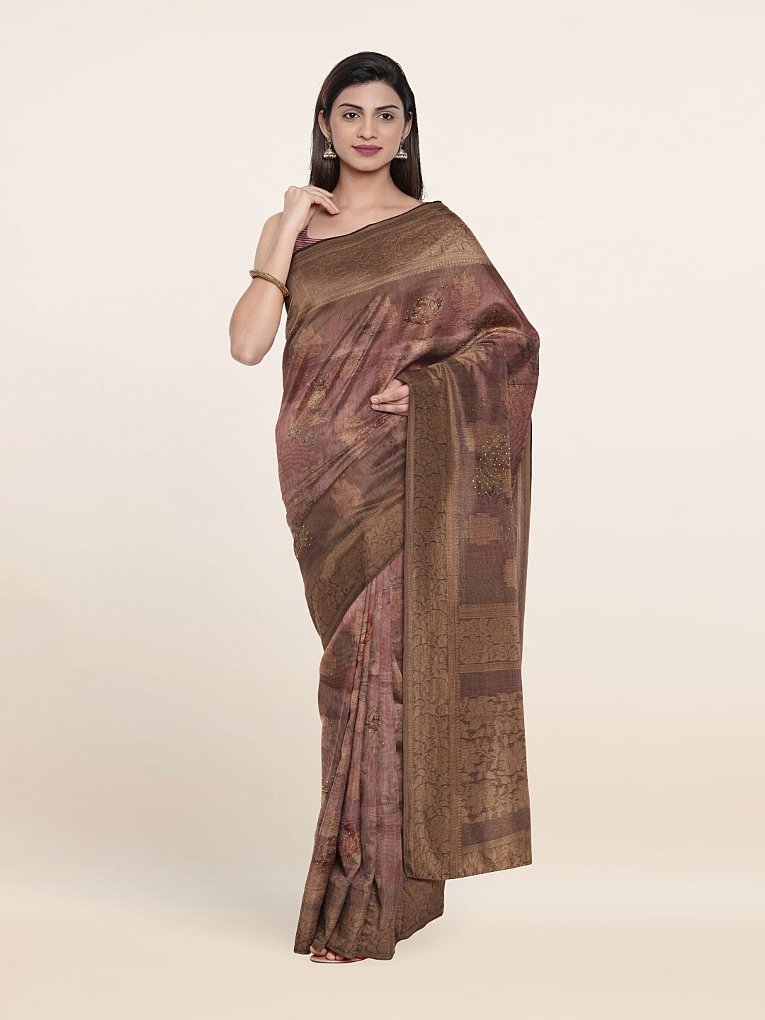 

Pothys Pink & Beige Floral Zari Tissue Saree