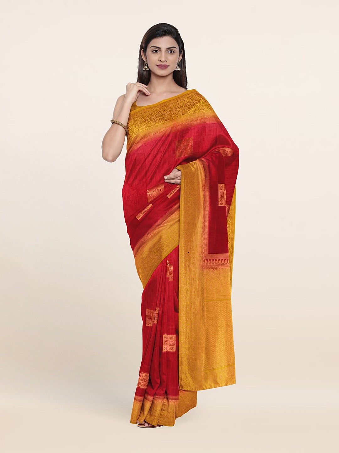 

Pothys Maroon & Orange Ethnic Motifs Zari Jute Silk Saree