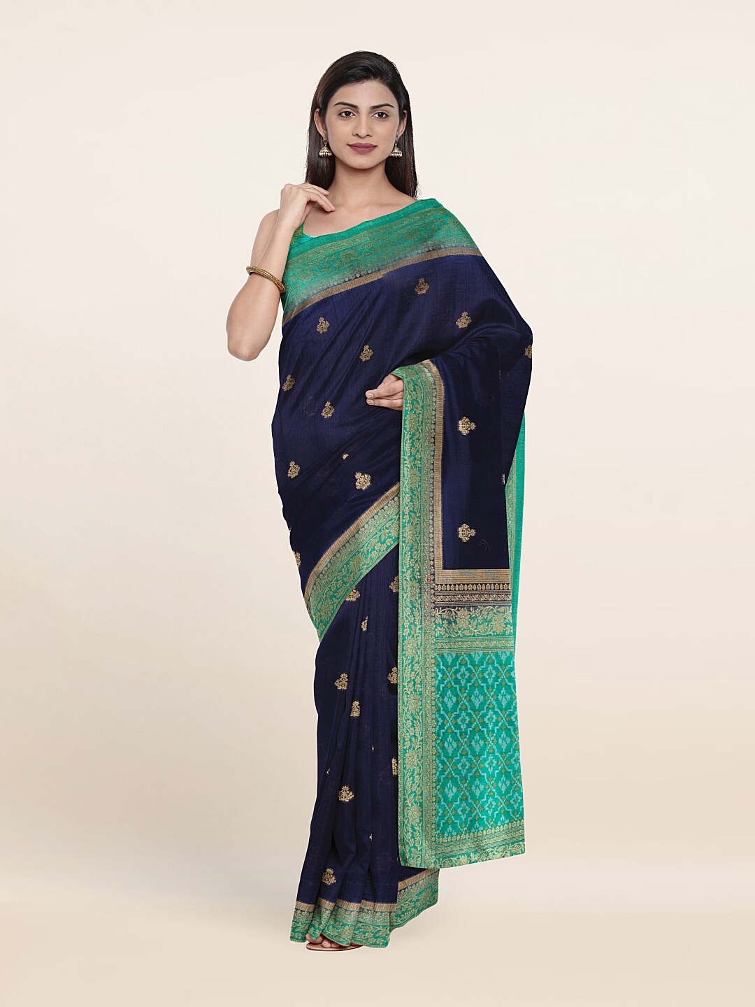 

Pothys Navy Blue & Green Ethnic Motifs Zari Jute Silk Saree