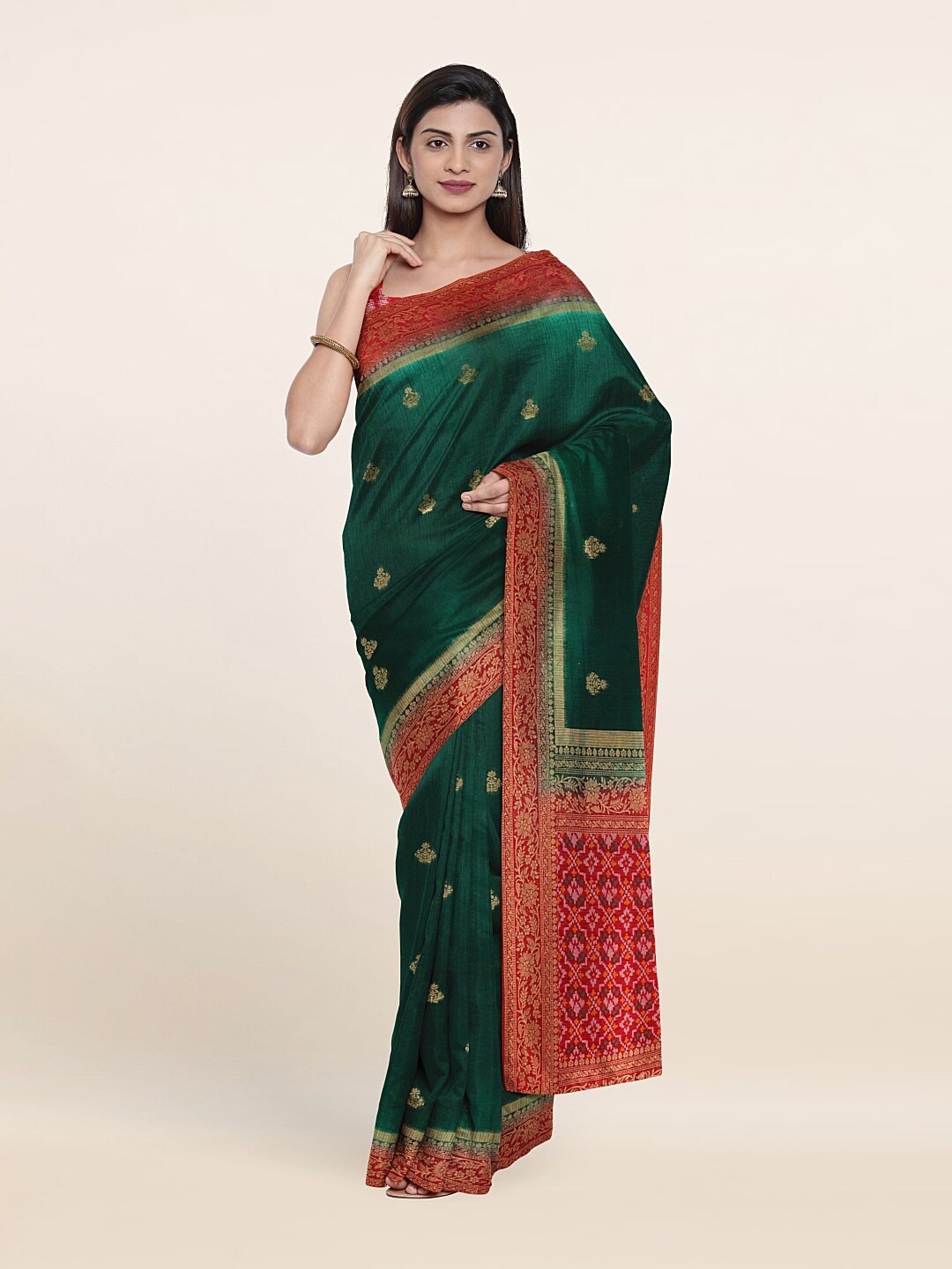 

Pothys Green & Red Ethnic Motifs Zari Jute Silk Saree
