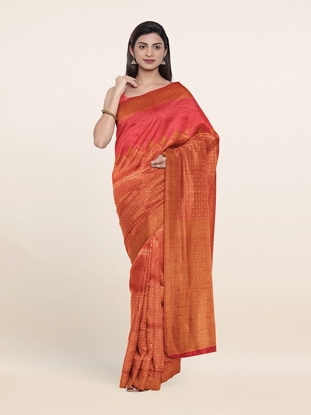 

Pothys Pink & Gold-Toned Ethnic Motifs Zari Jute Silk Saree