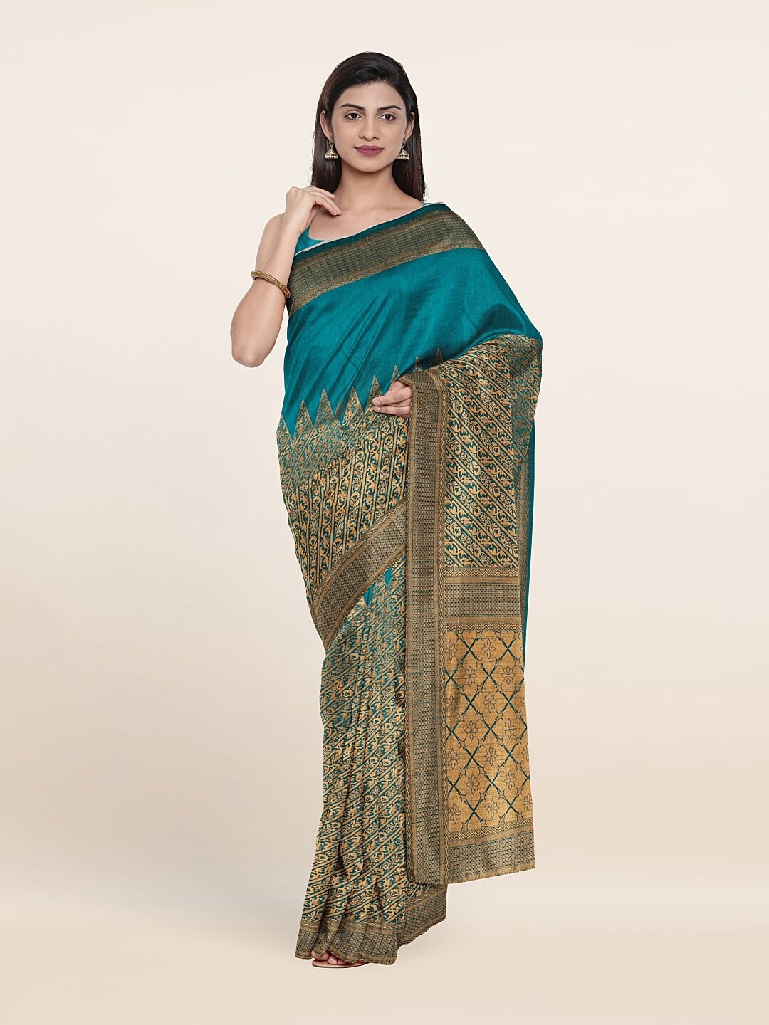 

Pothys Blue & Gold-Toned Ethnic Motifs Zari Jute Silk Saree