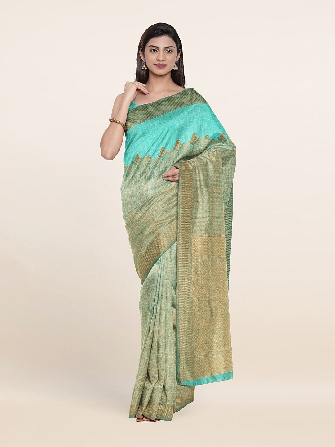 

Pothys Green & Gold-Toned Ethnic Motifs Zari Jute Silk Saree