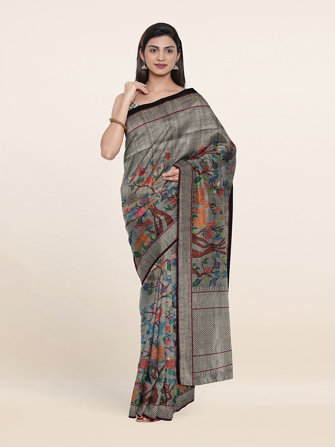 

Pothys Grey & Orange Floral Jute Silk Saree