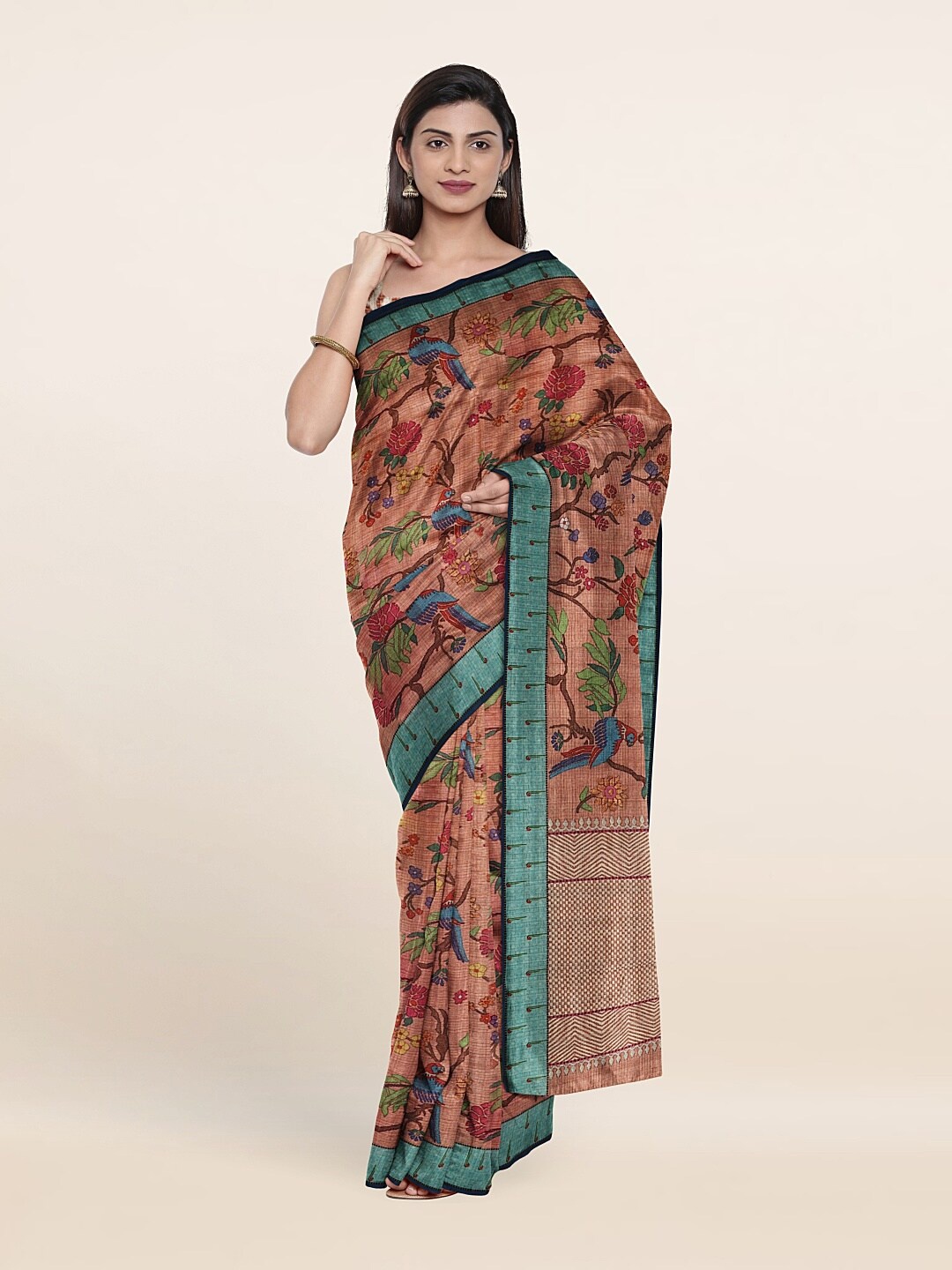 

Pothys Peach-Coloured & Blue Floral Jute Silk Saree