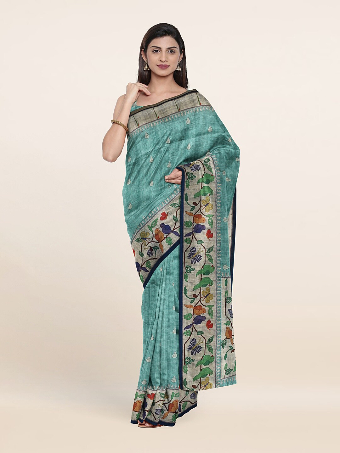 

Pothys Blue & Grey Ethnic Motifs Jute Silk Saree