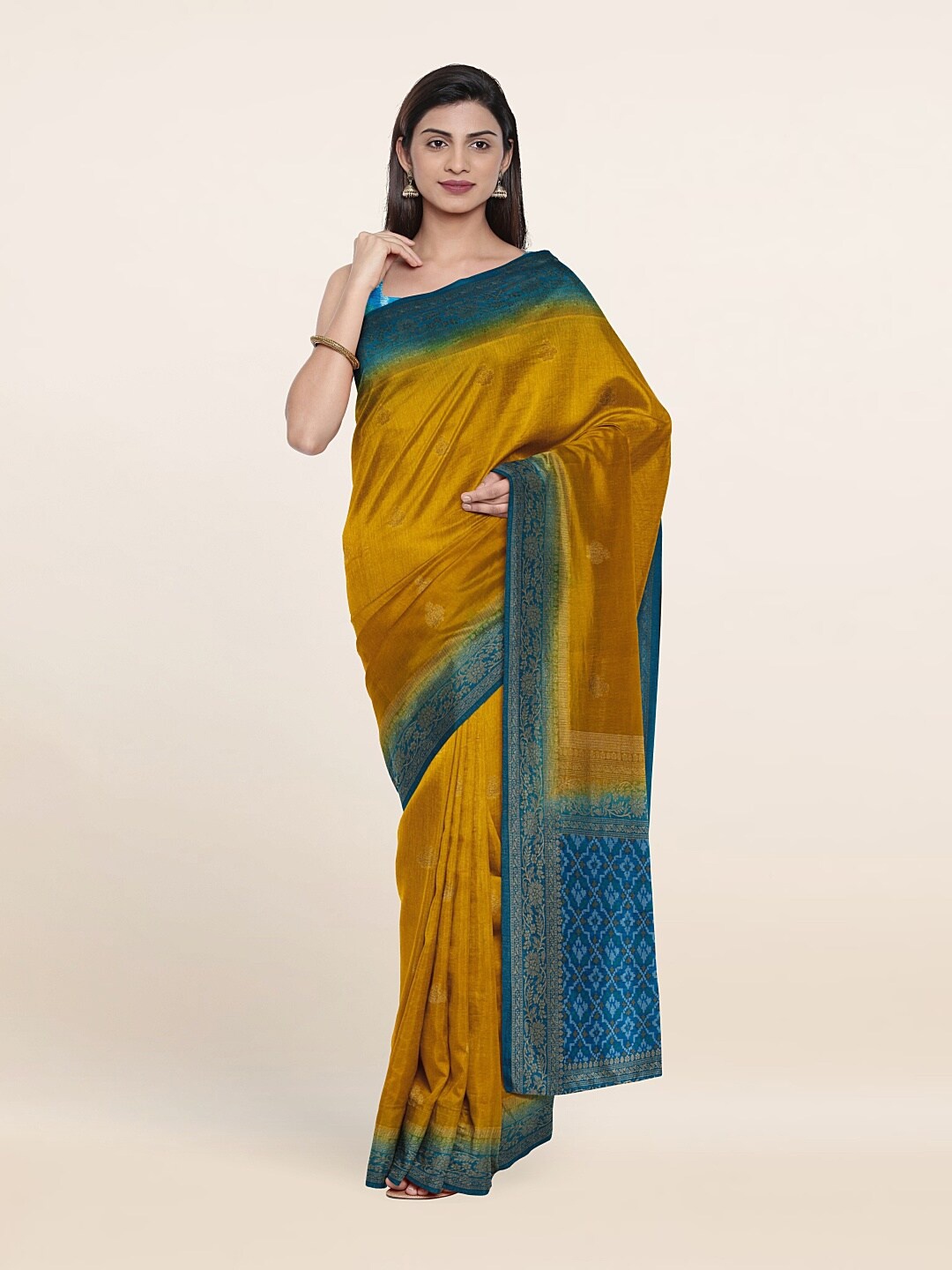 

Pothys Yellow & Blue Ethnic Motifs Zari Jute Silk Saree