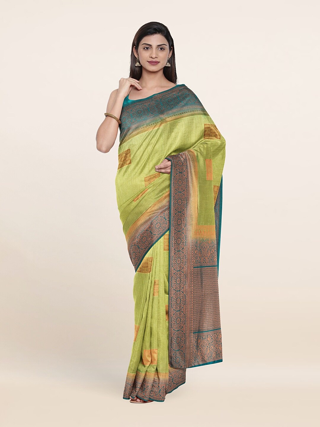 

Pothys Green & Blue Ethnic Motifs Jute Silk Saree