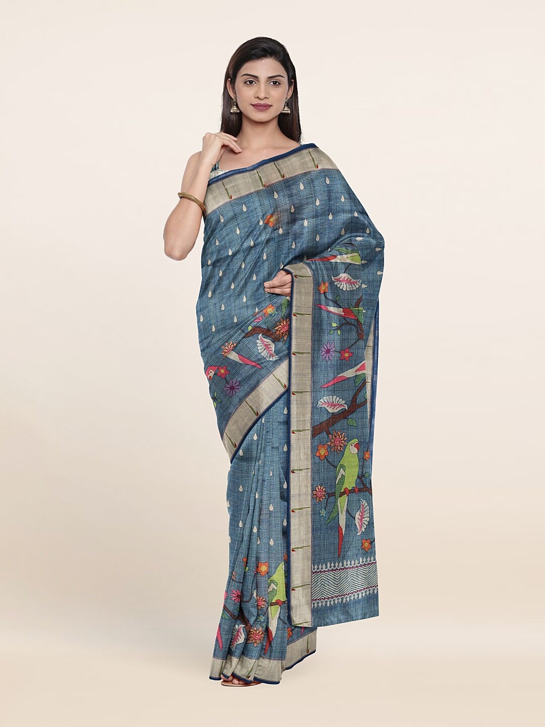 

Pothys Blue & Pink Floral Jute Silk Saree