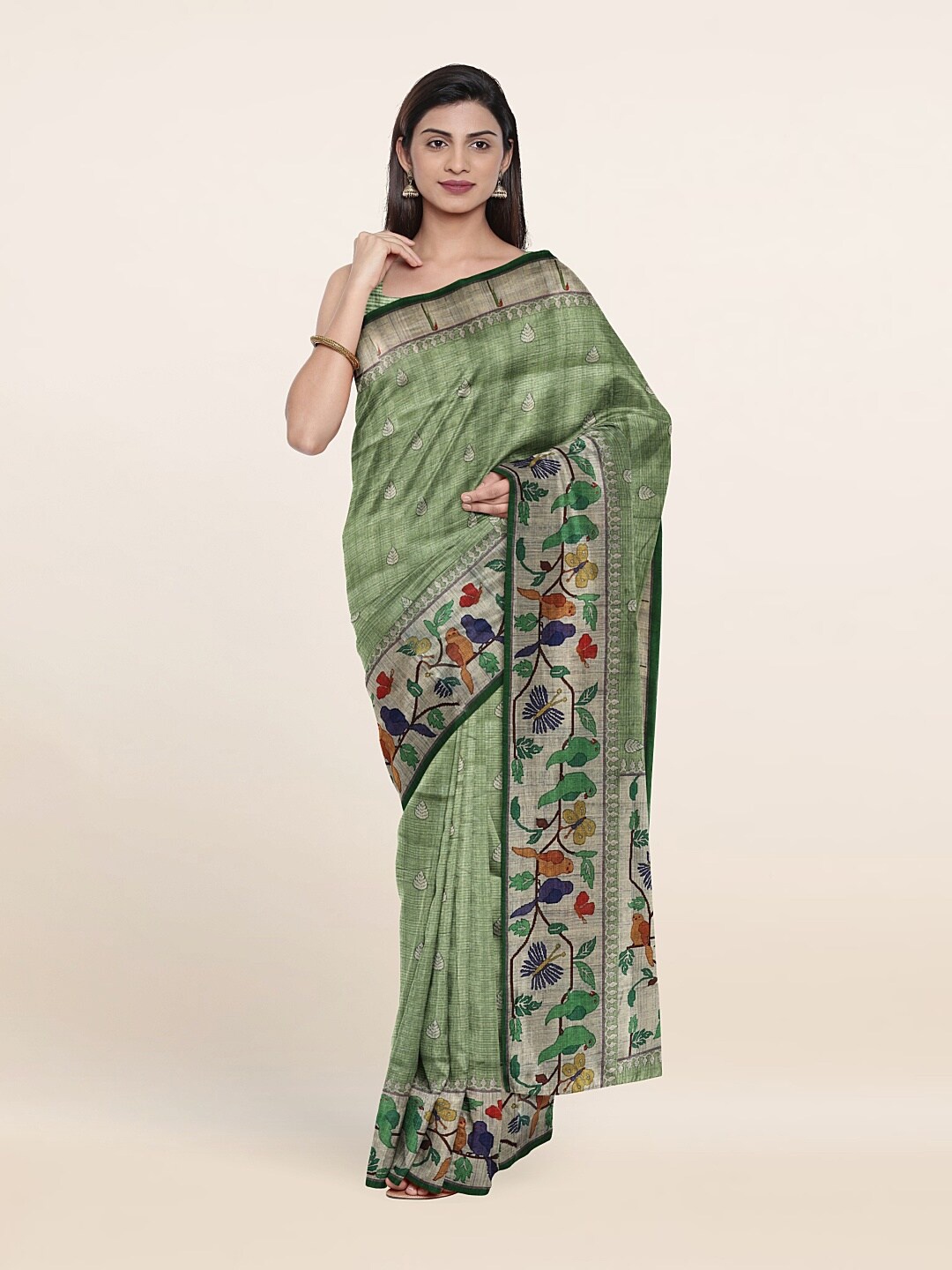 

Pothys Green & Blue Floral Jute Silk Saree