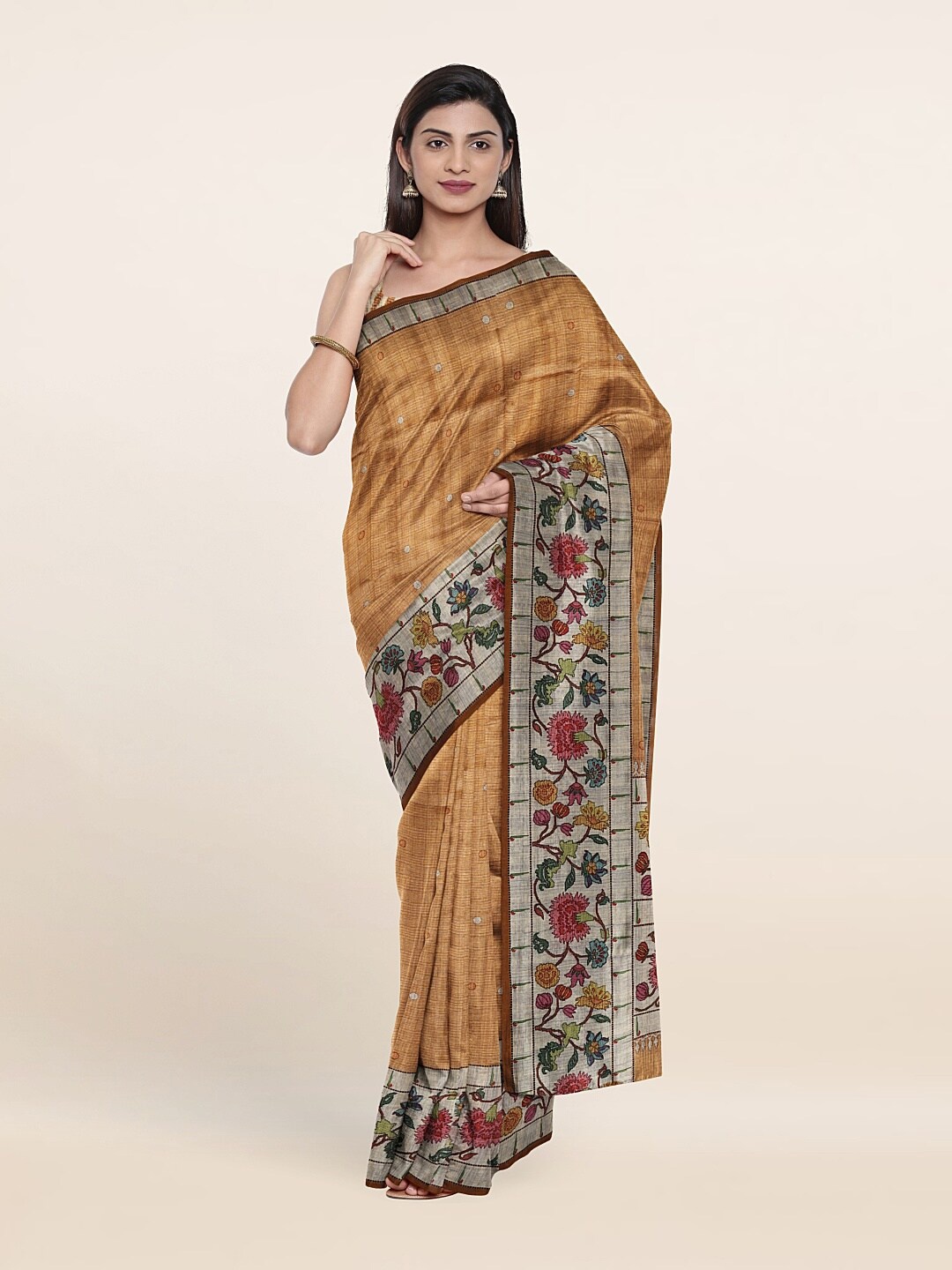 

Pothys Mustard Yellow & Blue Floral Jute Silk Saree