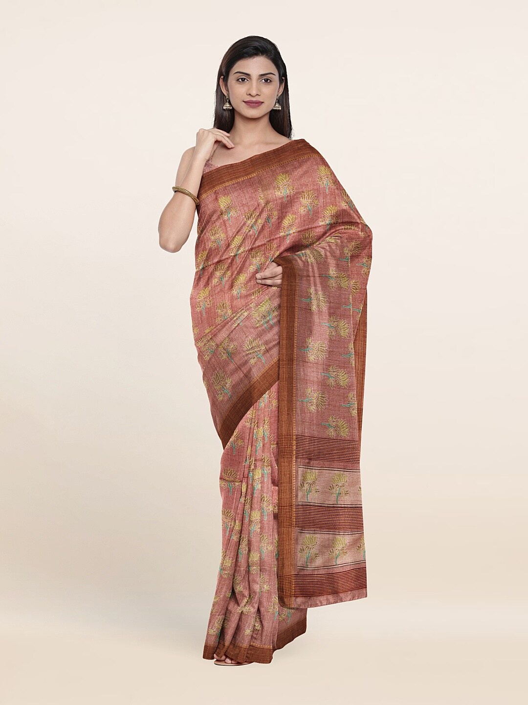 

Pothys Peach-Coloured & Green Floral Jute Silk Saree