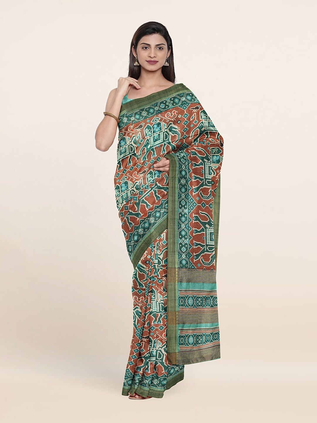 

Pothys Brown & Blue Ethnic Motifs Jute Silk Saree