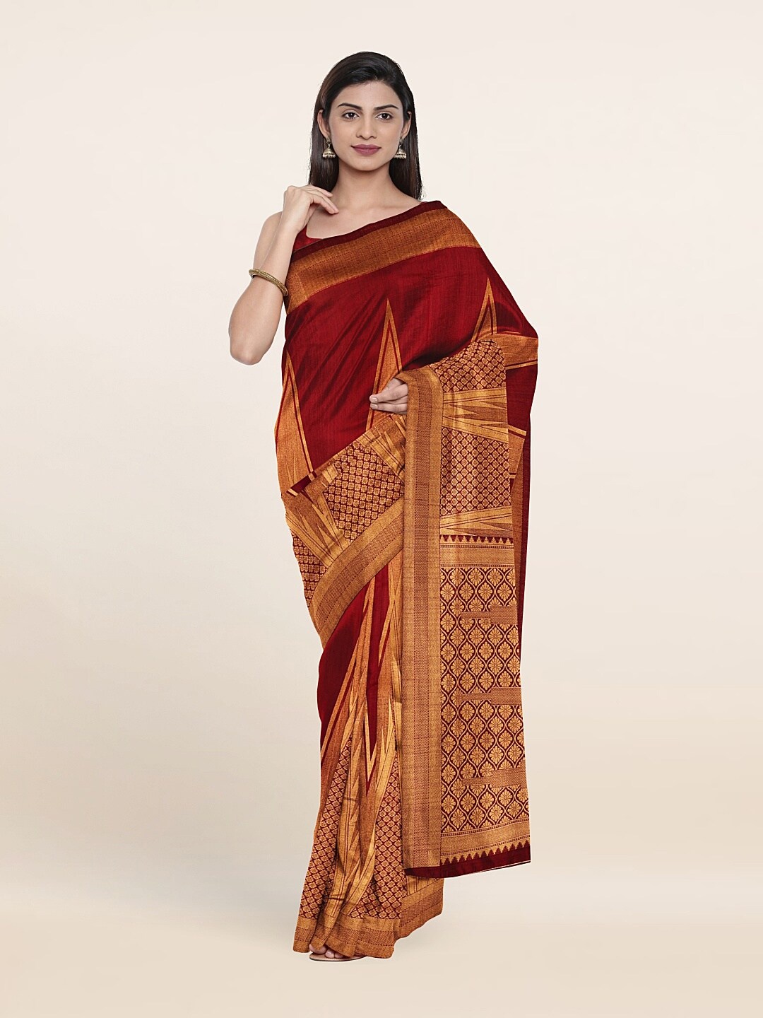 

Pothys Maroon & Gold-Toned Ethnic Motifs Jute Silk Saree