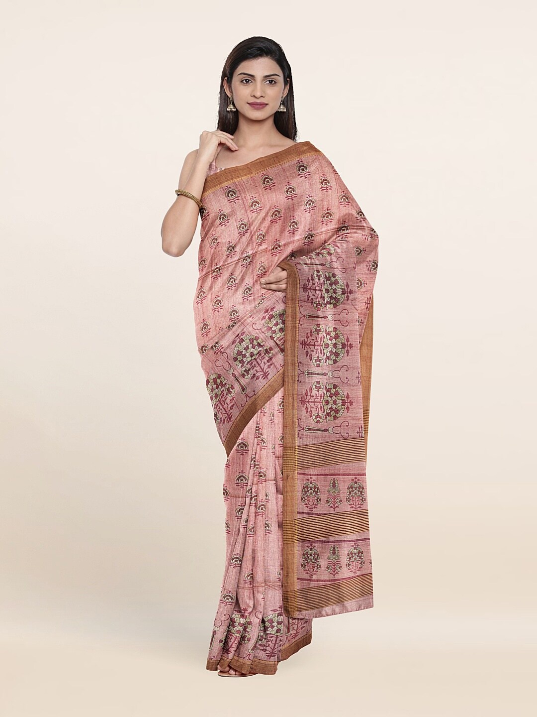 

Pothys Pink & Blue Floral Jute Silk Saree