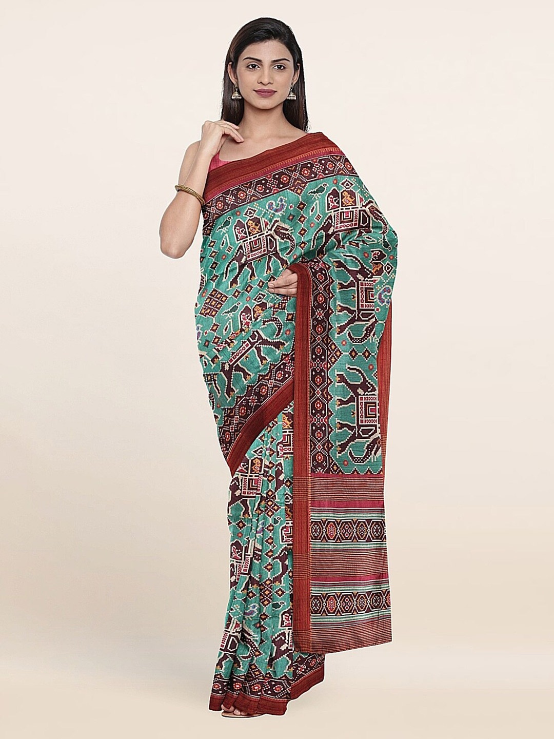 

Pothys Green & Red Ethnic Motifs Jute Silk Saree