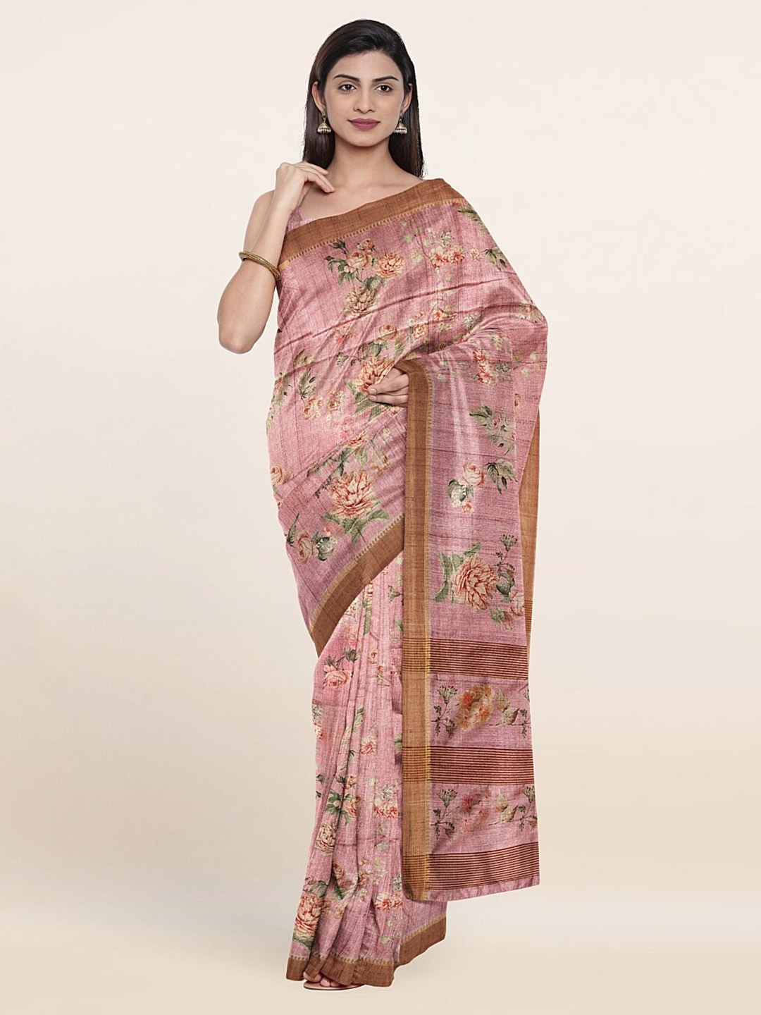 

Pothys Pink & Brown Floral Jute Silk Saree