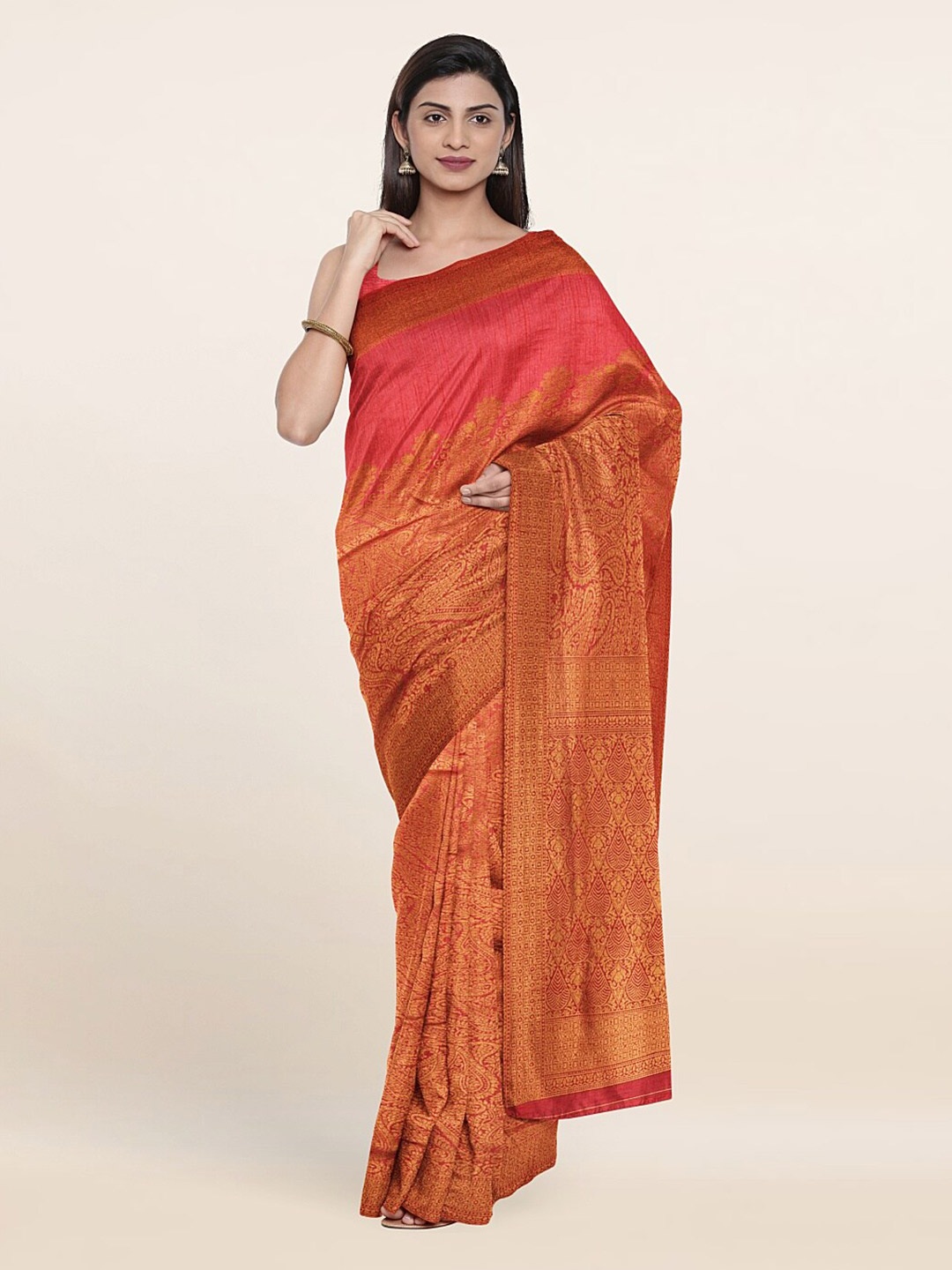 

Pothys Pink & Gold-Toned Ethnic Motifs Zari Jute Silk Saree