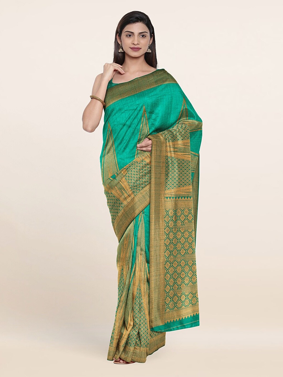 

Pothys Green & Gold-Toned Ethnic Motifs Zari Jute Silk Saree