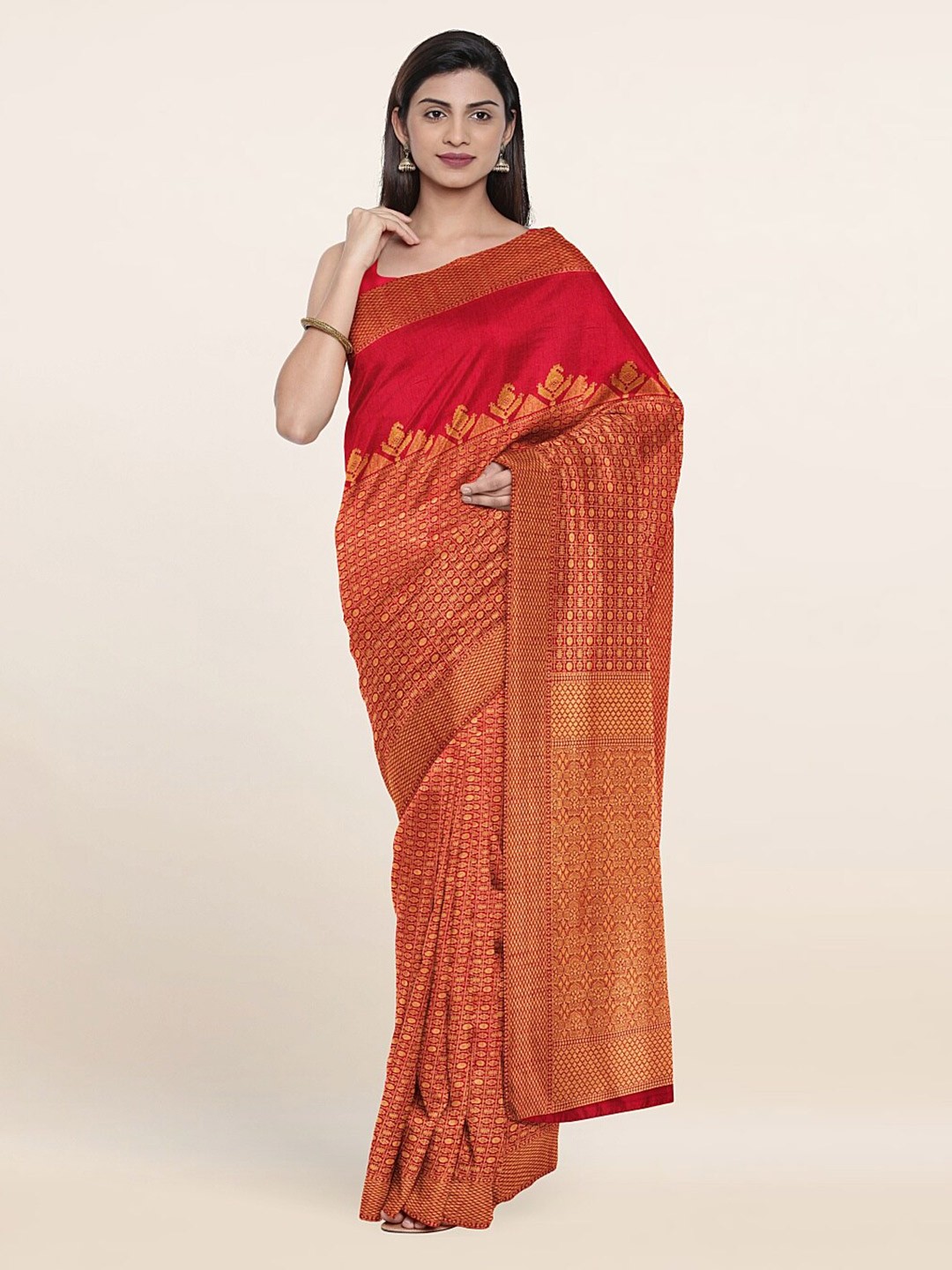 

Pothys Red & Gold-Toned Ethnic Motifs Zari Jute Silk Saree