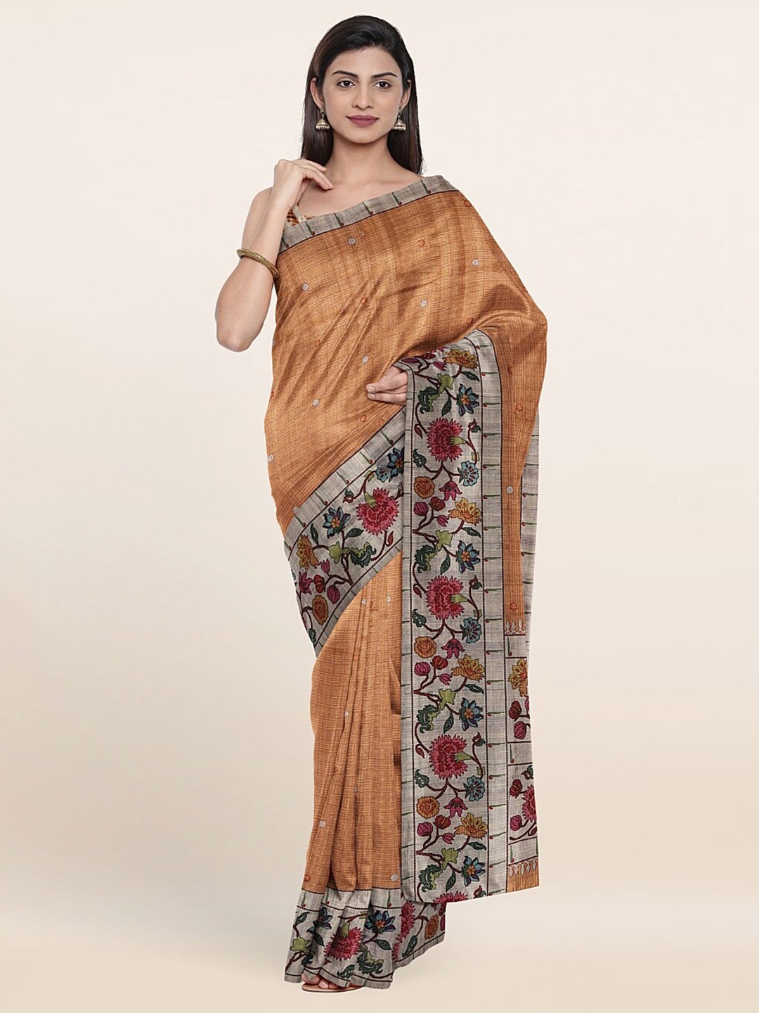 

Pothys Mustard & Grey Floral Jute Silk Saree