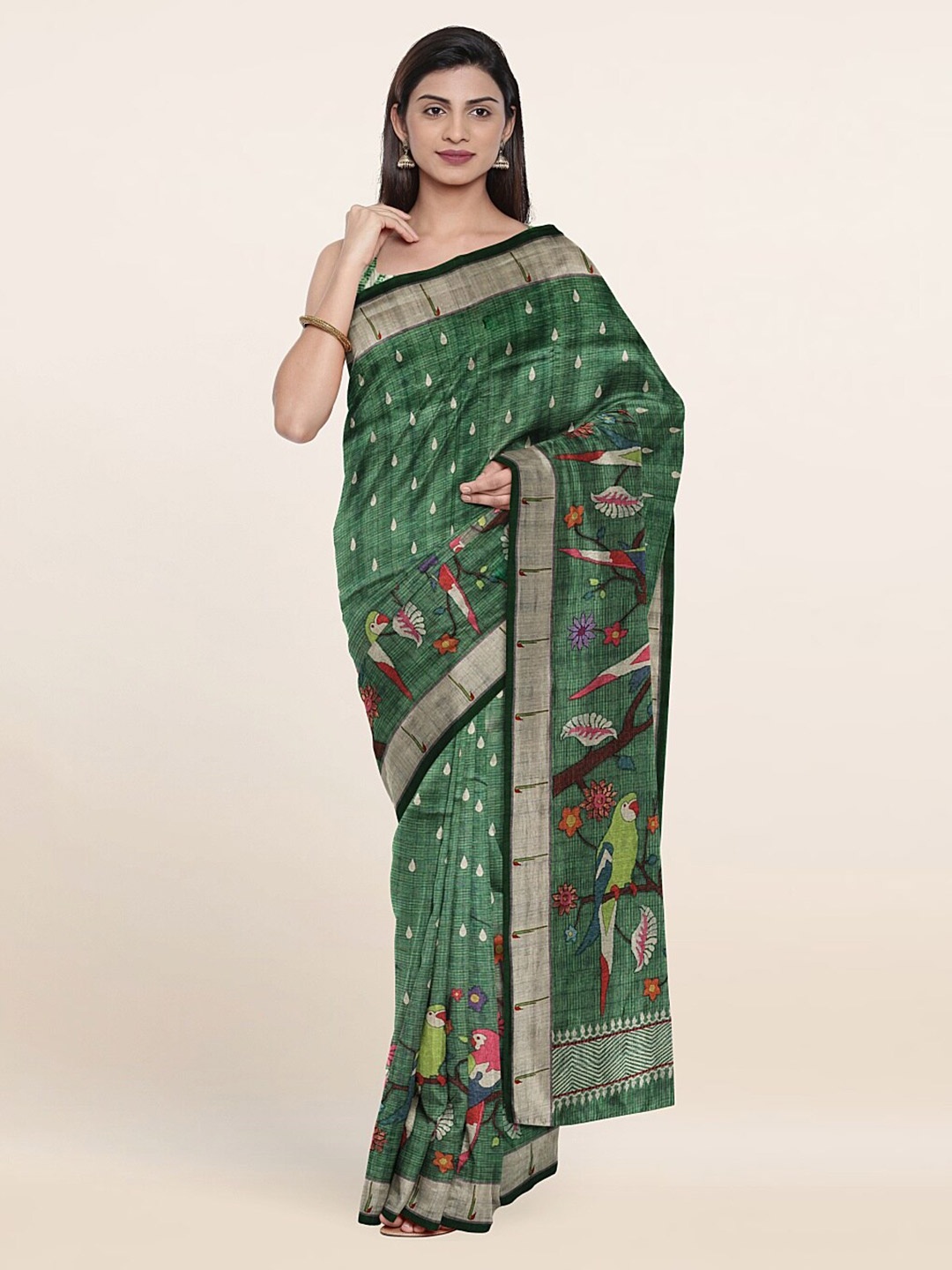

Pothys Green & Pink Floral Jute Silk Saree