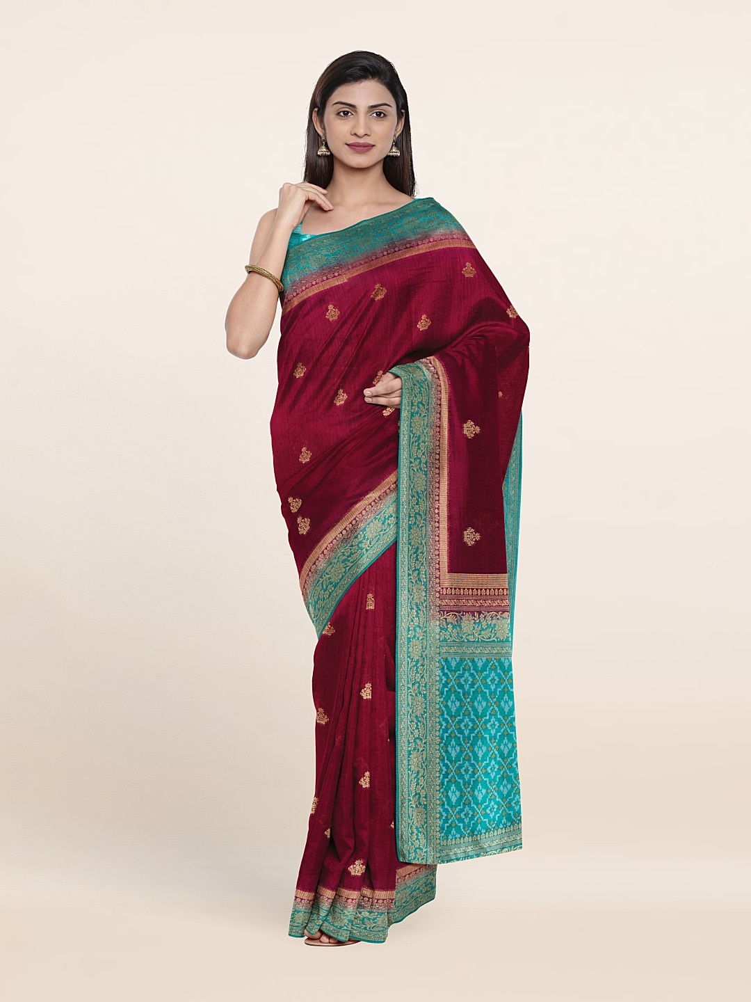 

Pothys Maroon & Blue Ethnic Motifs Zari Jute Silk Saree