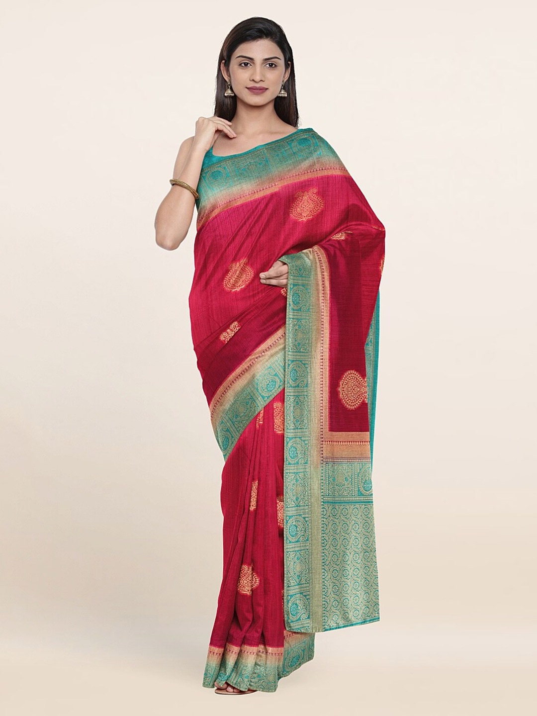 

Pothys Magenta & Green Ethnic Motifs Zari Jute Silk Saree