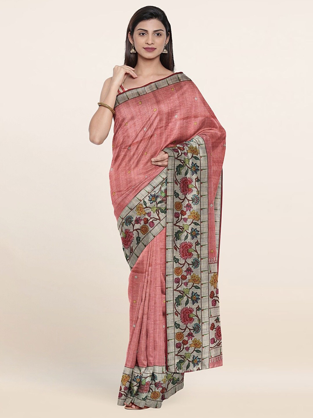 

Pothys Pink & Green Floral Jute Silk Saree