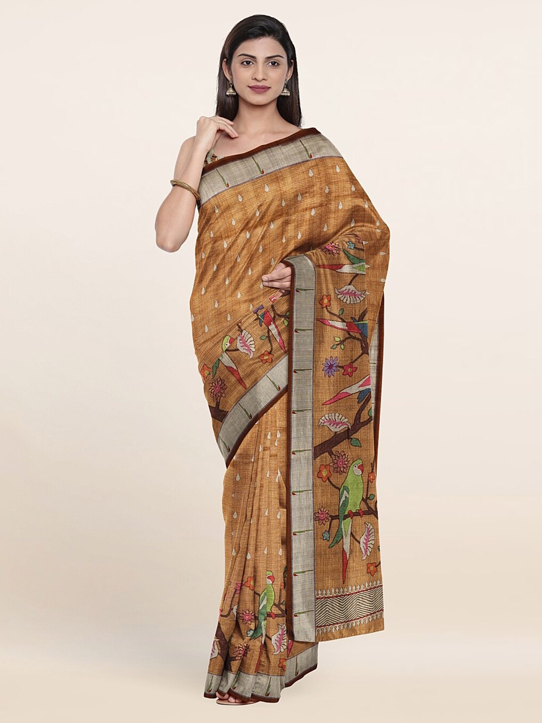 

Pothys Mustard & Green Floral Jute Silk Saree