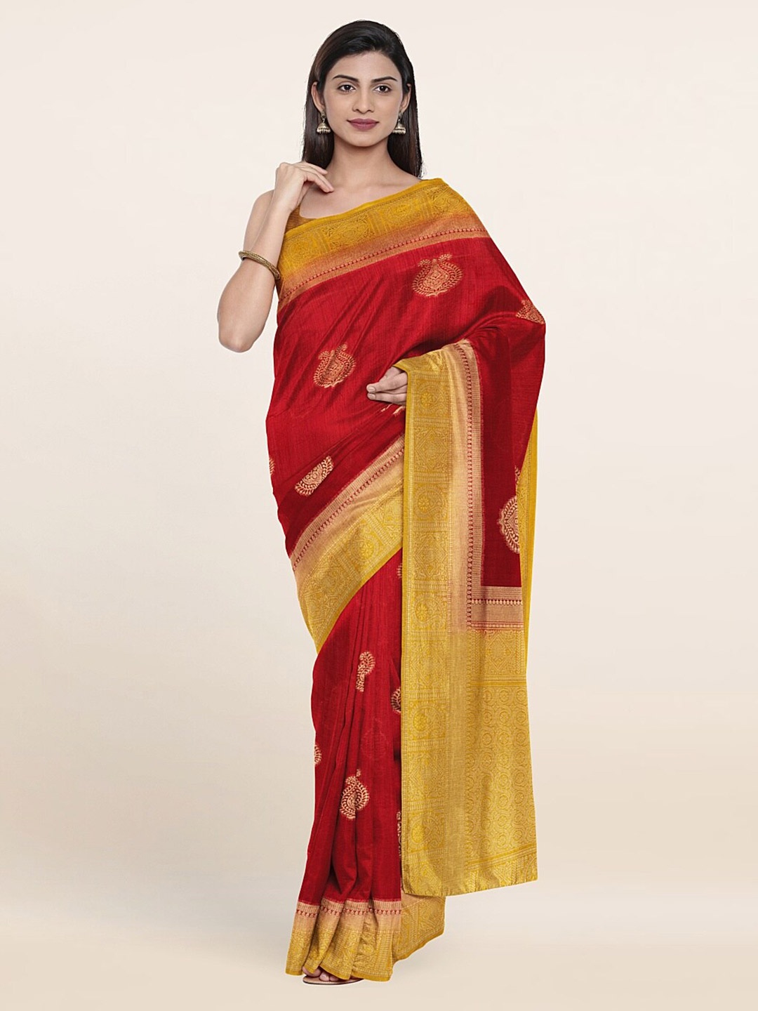 

Pothys Maroon & Mustard Ethnic Motifs Zari Jute Silk Saree