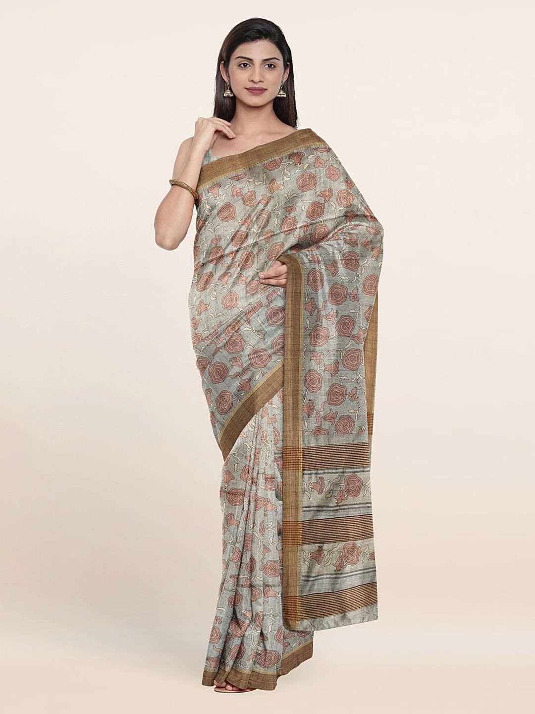 

Pothys Grey & Brown Floral Jute Silk Saree