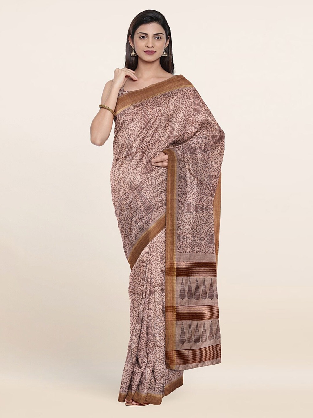 

Pothys Peach-Coloured & Brown Ethnic Motifs Jute Silk Saree