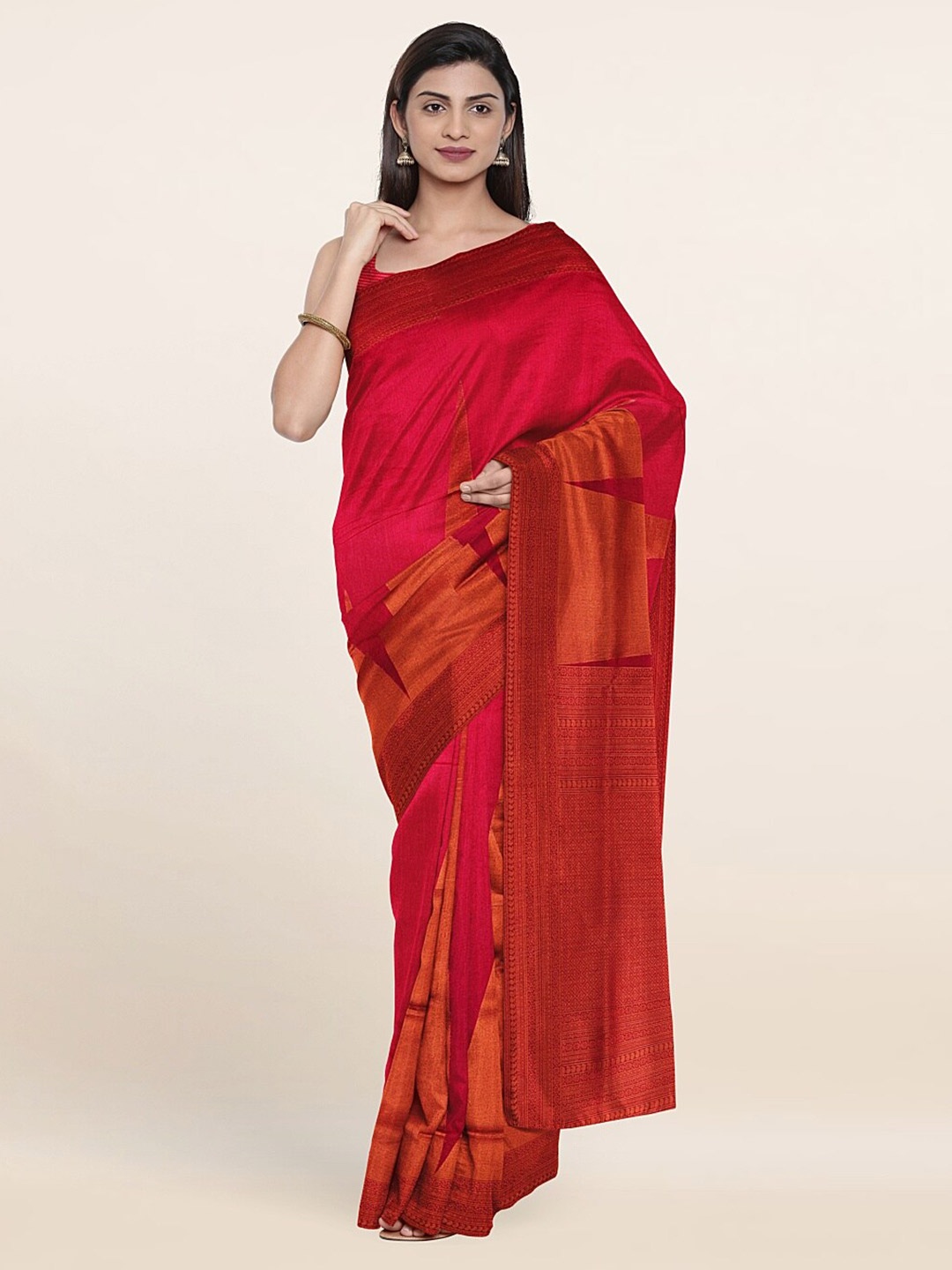

Pothys Pink & Orange Jute Silk Saree