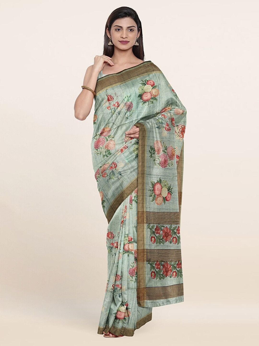 

Pothys Green & Red Floral Jute Silk Saree