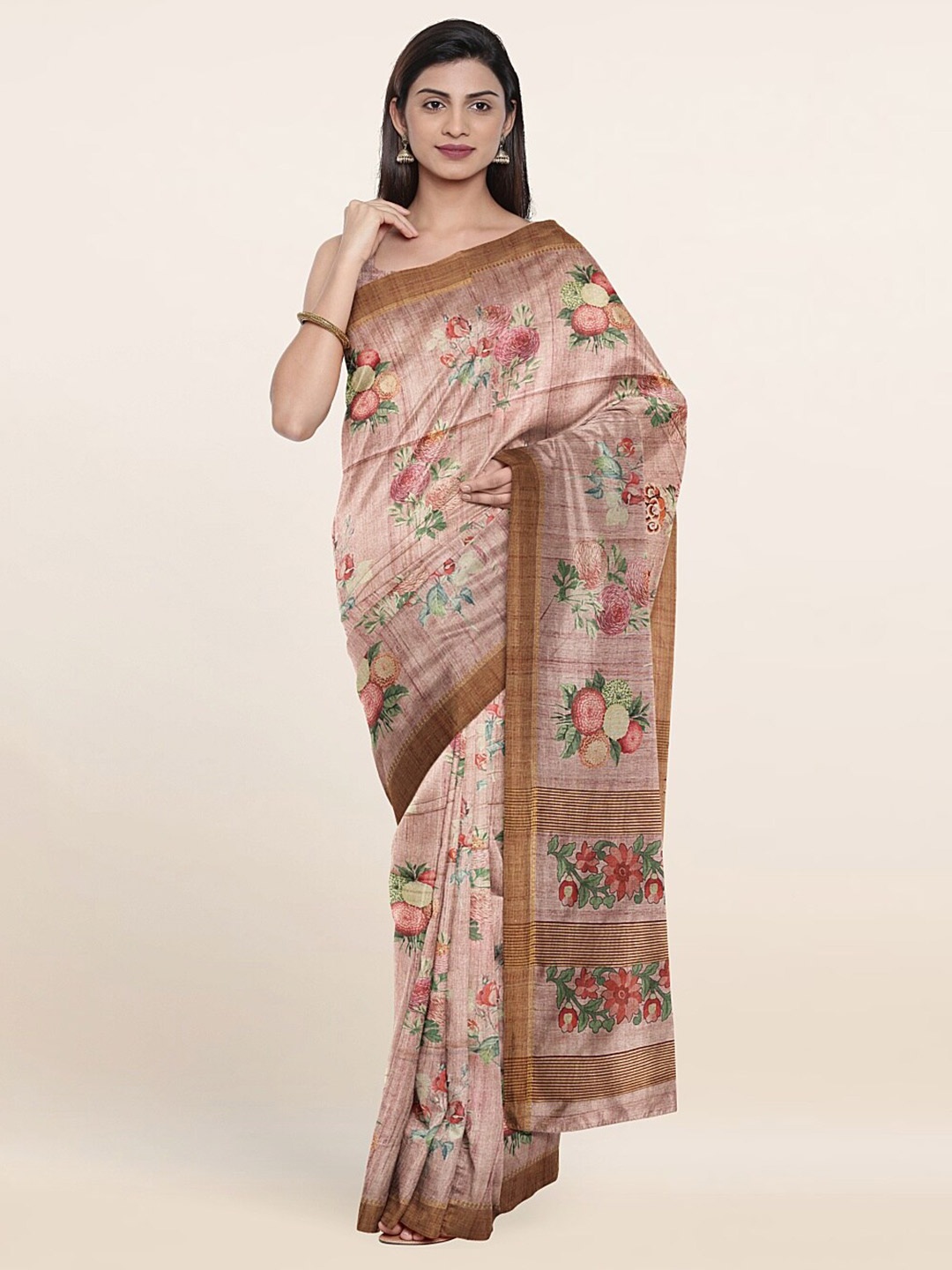 

Pothys Peach-Coloured & Brown Floral Jute Silk Saree