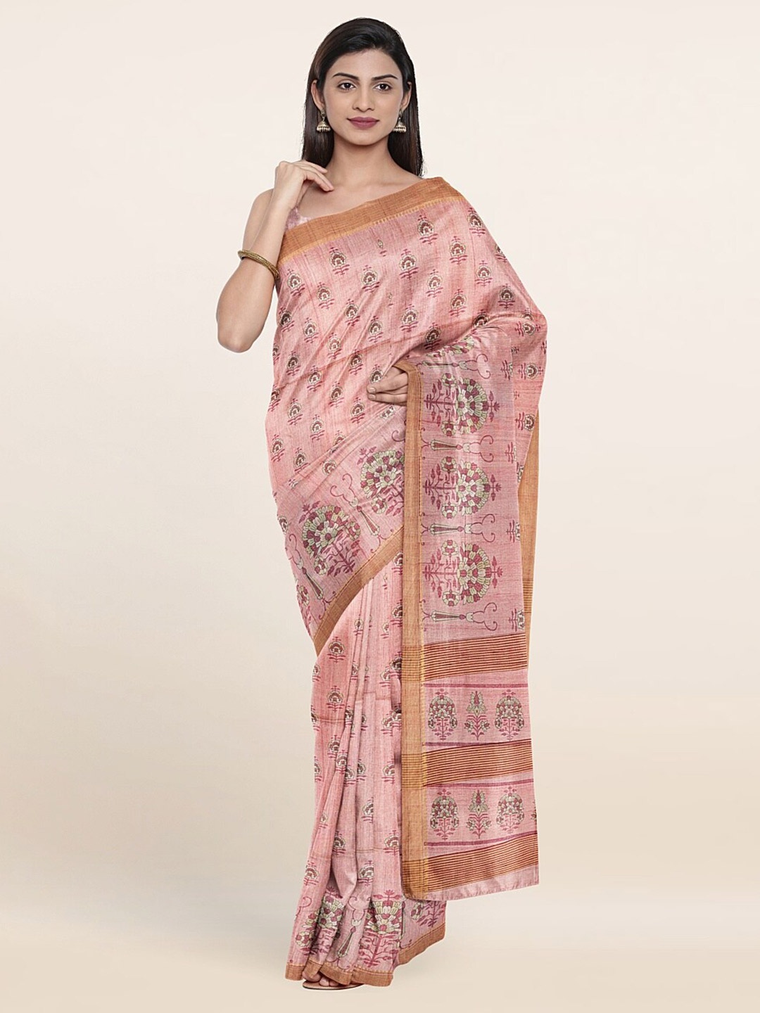 

Pothys Pink & Beige Floral Jute Silk Saree