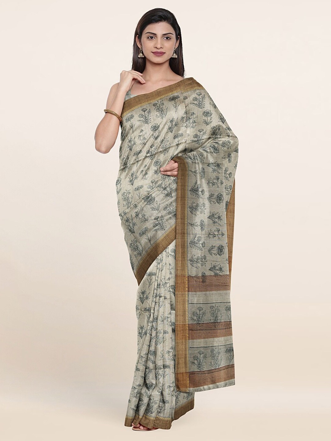 

Pothys Grey & Brown Floral Jute Silk Saree
