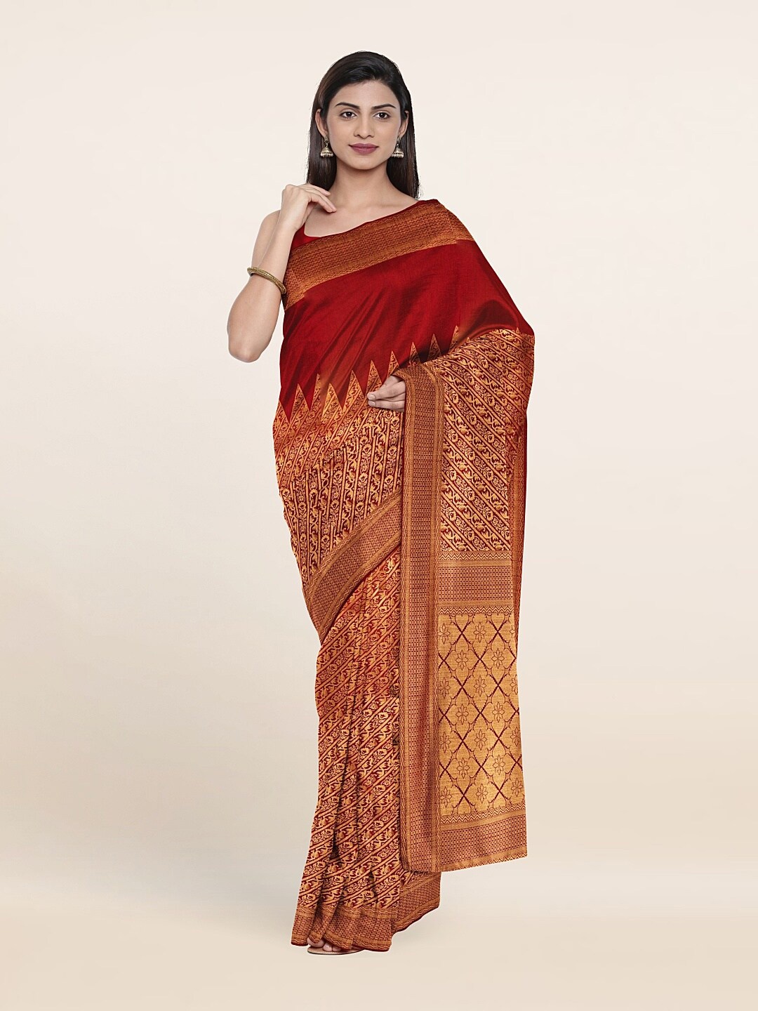 

Pothys Maroon & Copper-Toned Floral Zari Jute Silk Saree