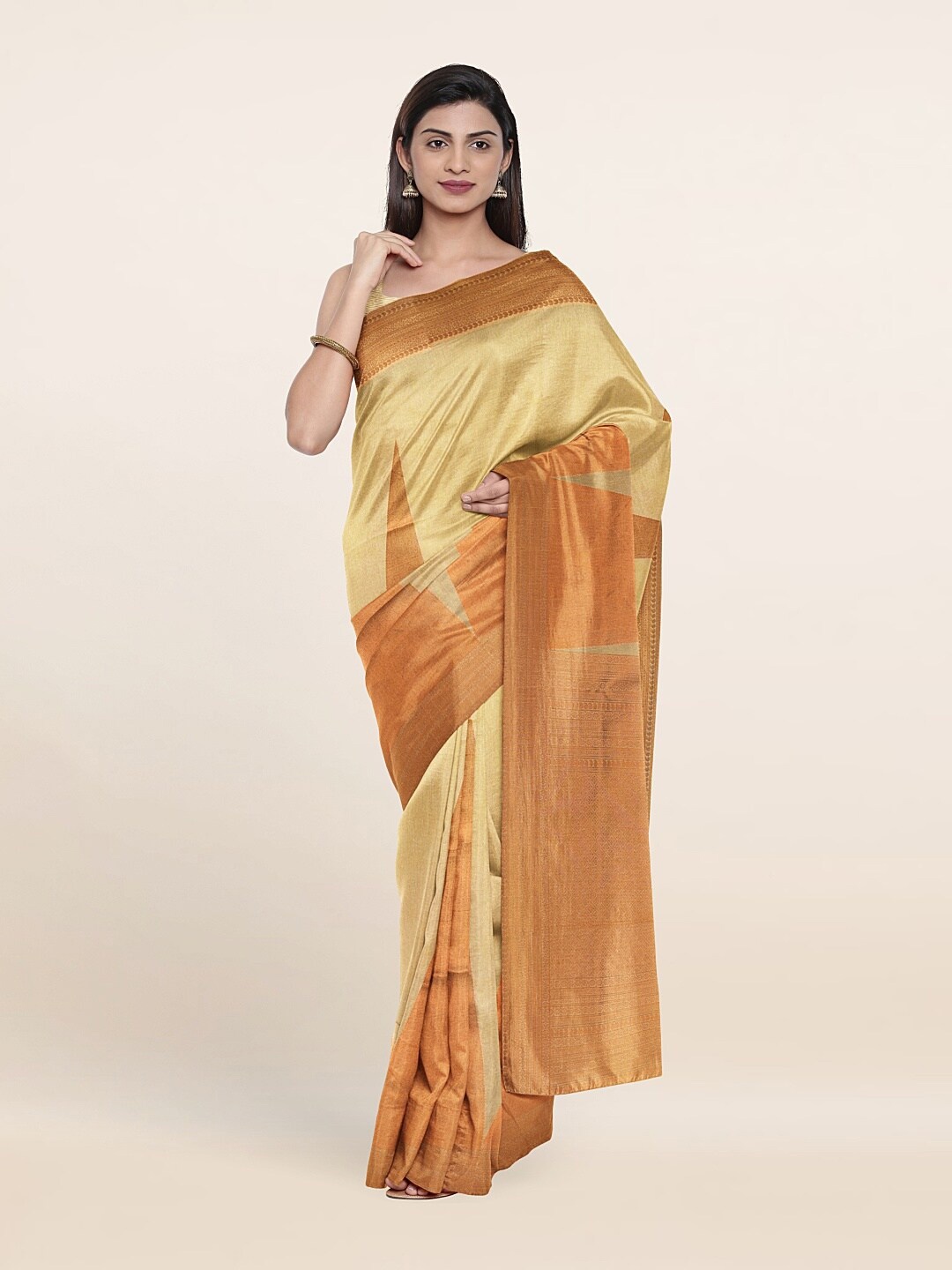 

Pothys Cream-Coloured & Copper-Toned Jute Silk Saree