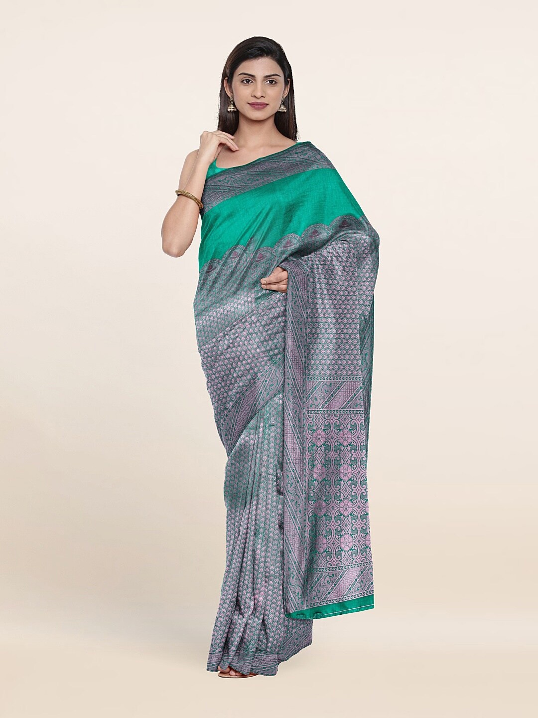 

Pothys Green & Lavender Floral Jute Silk Saree