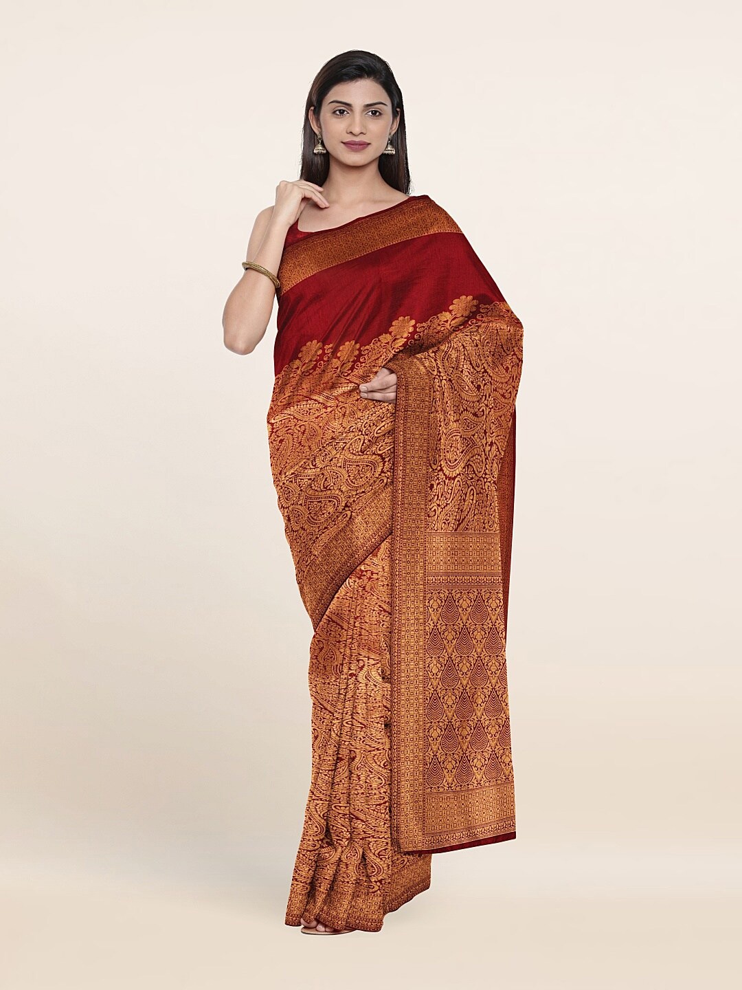 

Pothys Maroon & Copper-Toned Woven Design Zari Jute Silk Saree