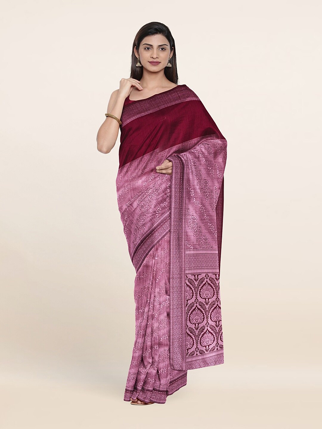 

Pothys Purple & Pink Floral Zari Jute Silk Saree
