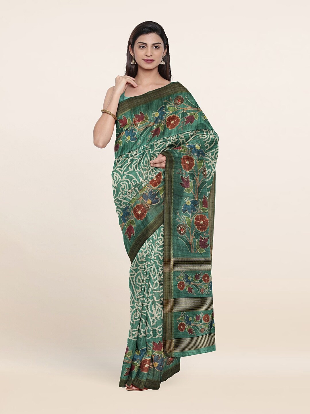 

Pothys Green & Red Floral Jute Silk Saree