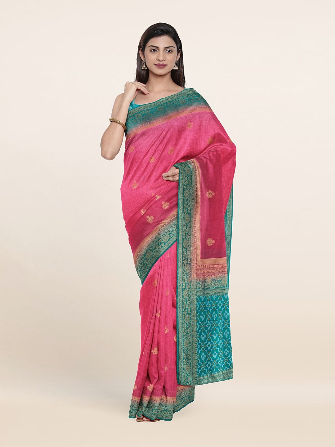 

Pothys Pink & Blue Floral Zari Jute Silk Saree