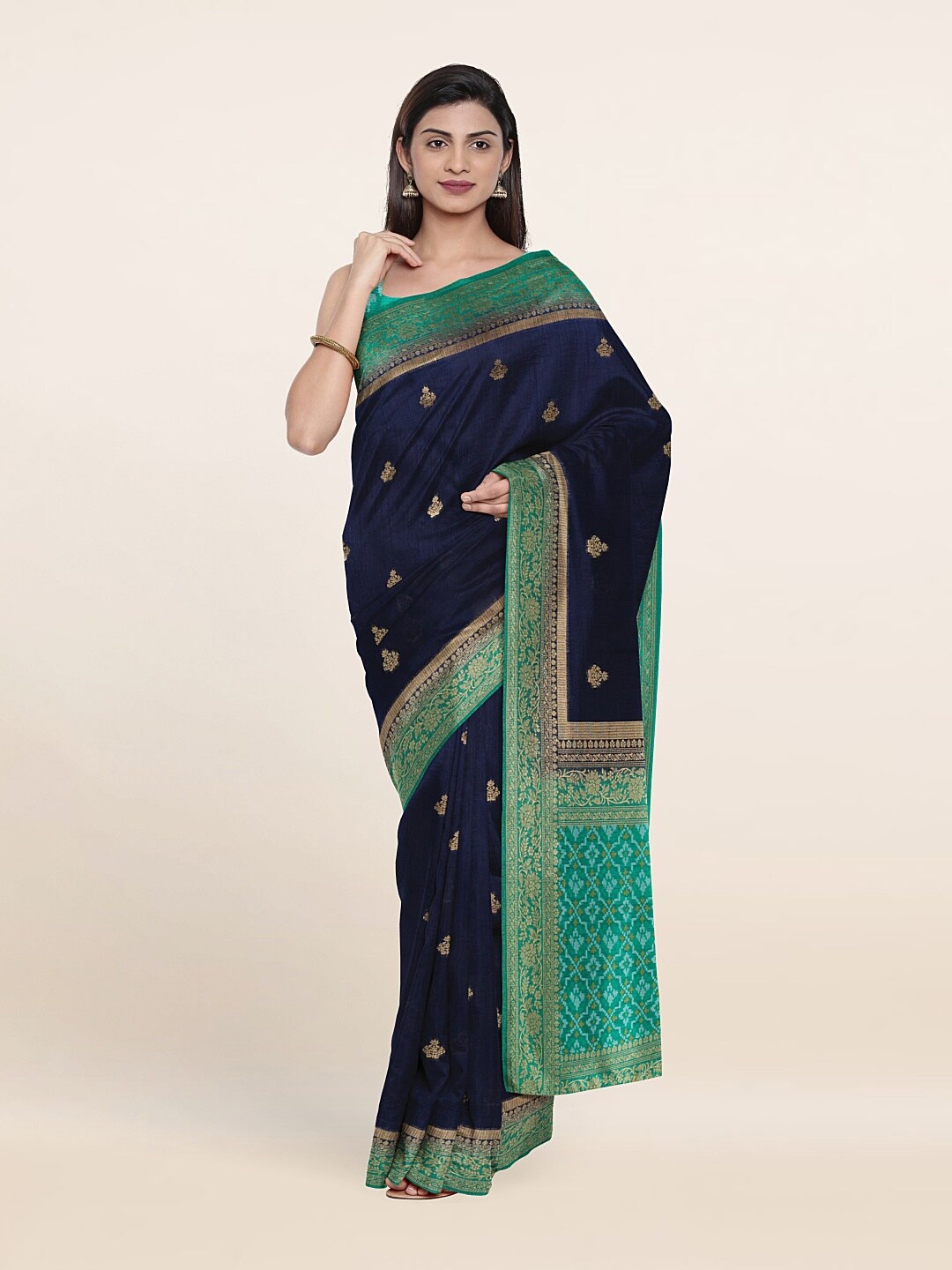 

Pothys Blue & Copper-Toned Floral Zari Jute Silk Saree