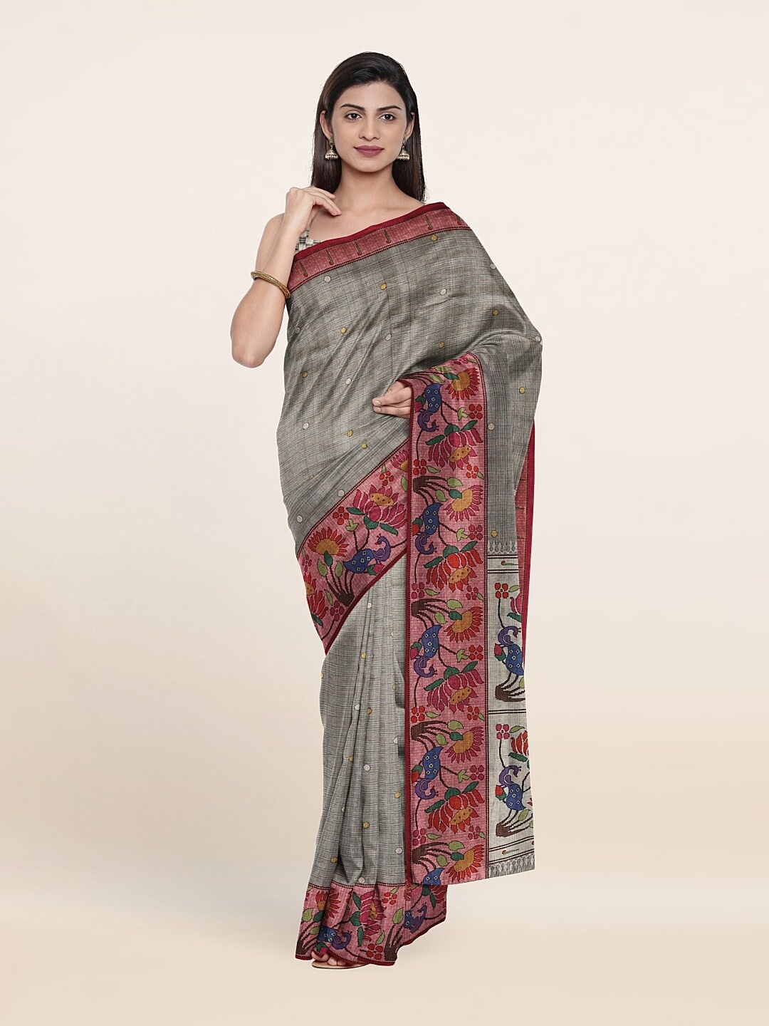 

Pothys Grey & Pink Floral Jute Silk Saree