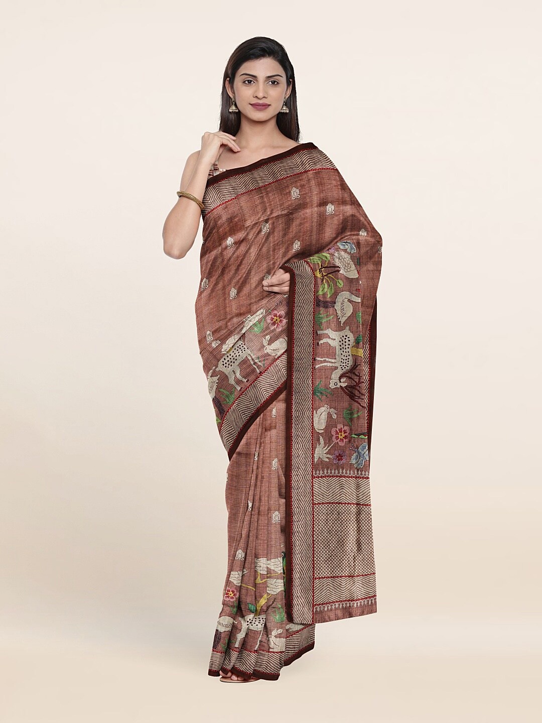 

Pothys Brown & White Floral Jute Silk Saree