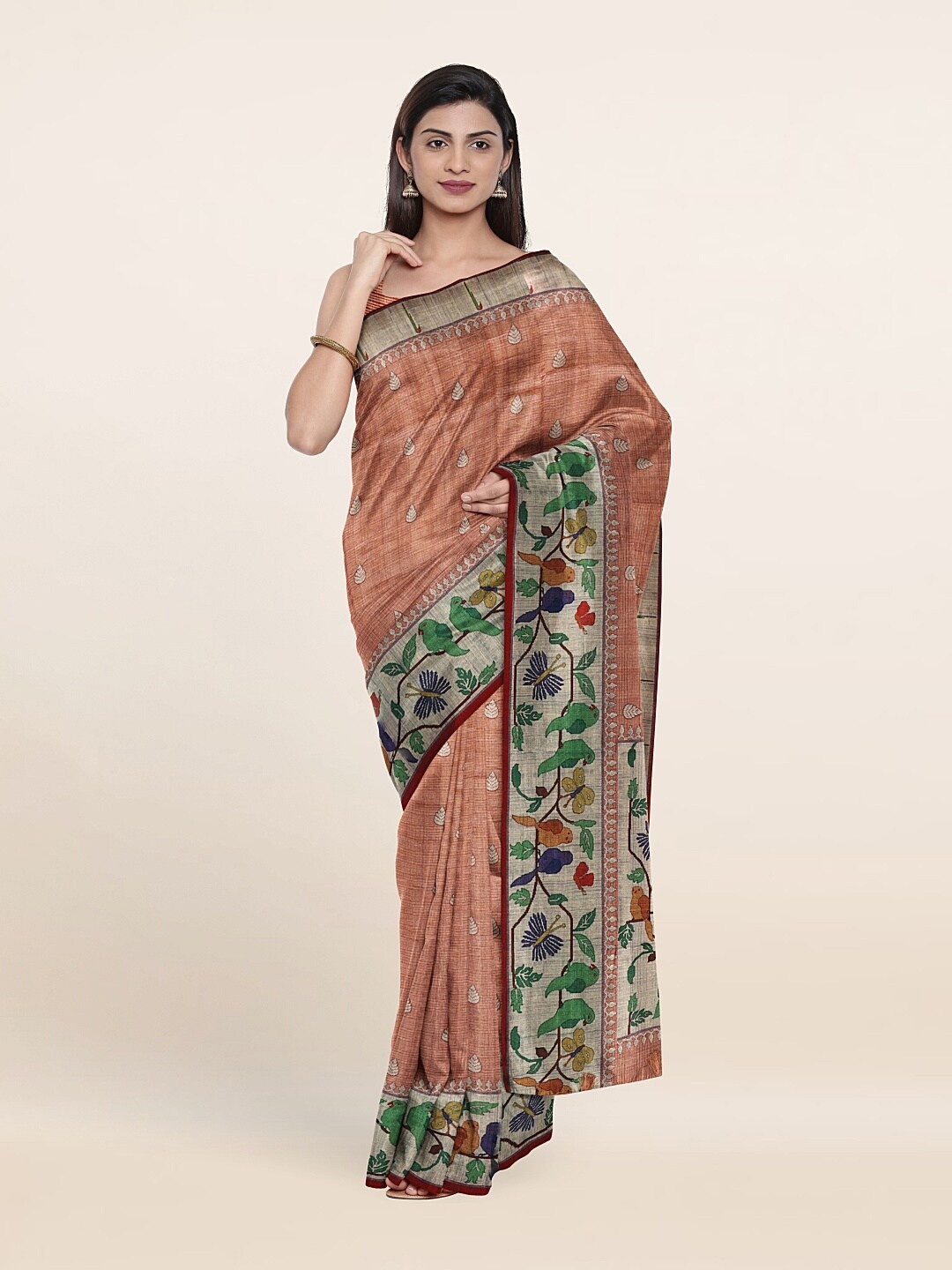 

Pothys Peach-Coloured & Green Woven Design Jute Silk Saree