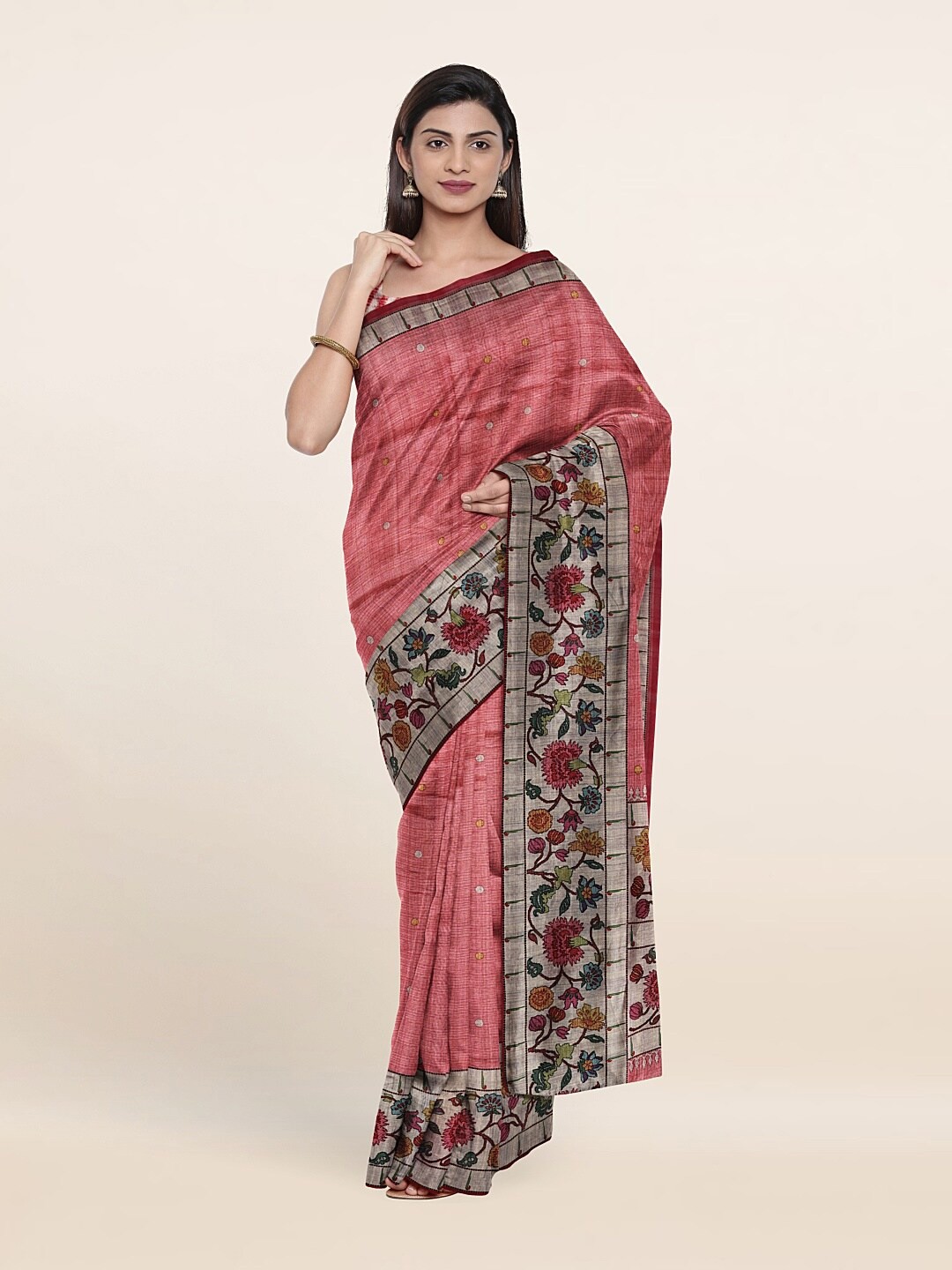 

Pothys Pink & Red Floral Jute Silk Saree